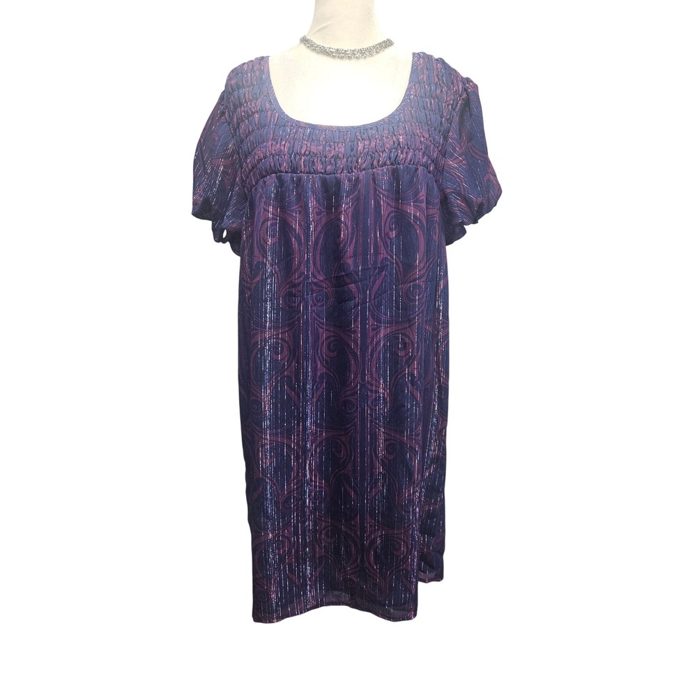 Elle Purple Paisley Metallic Smocked Shift Dress Womens Medium Short Sleeve